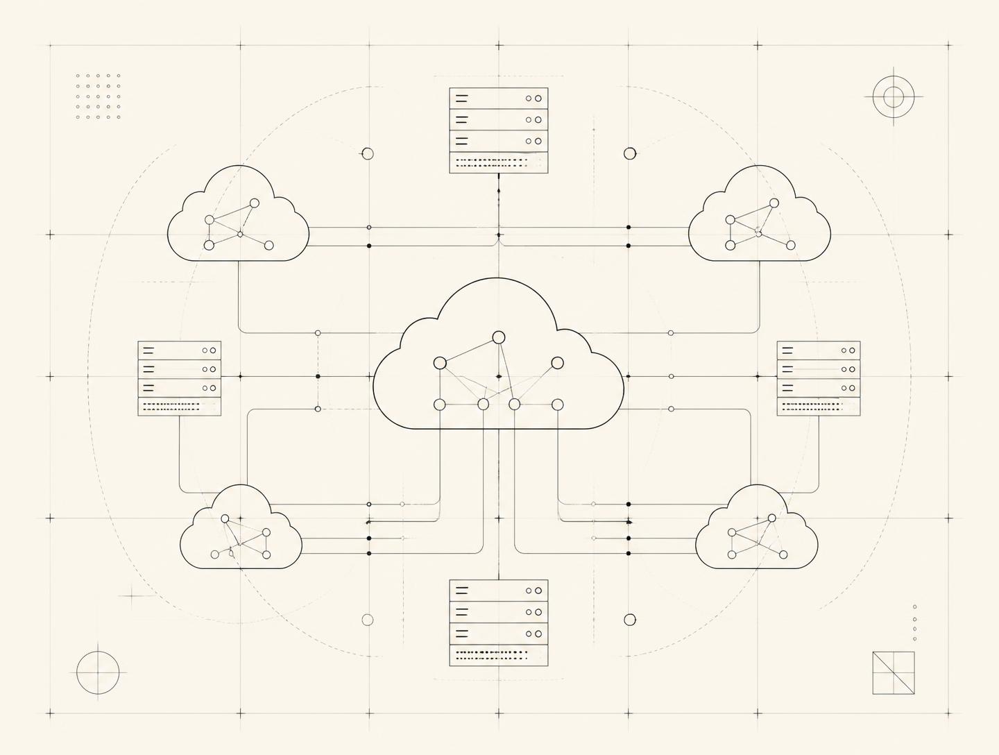 Schematic technical drawing of cloud regions and server nodes connected by measured lines