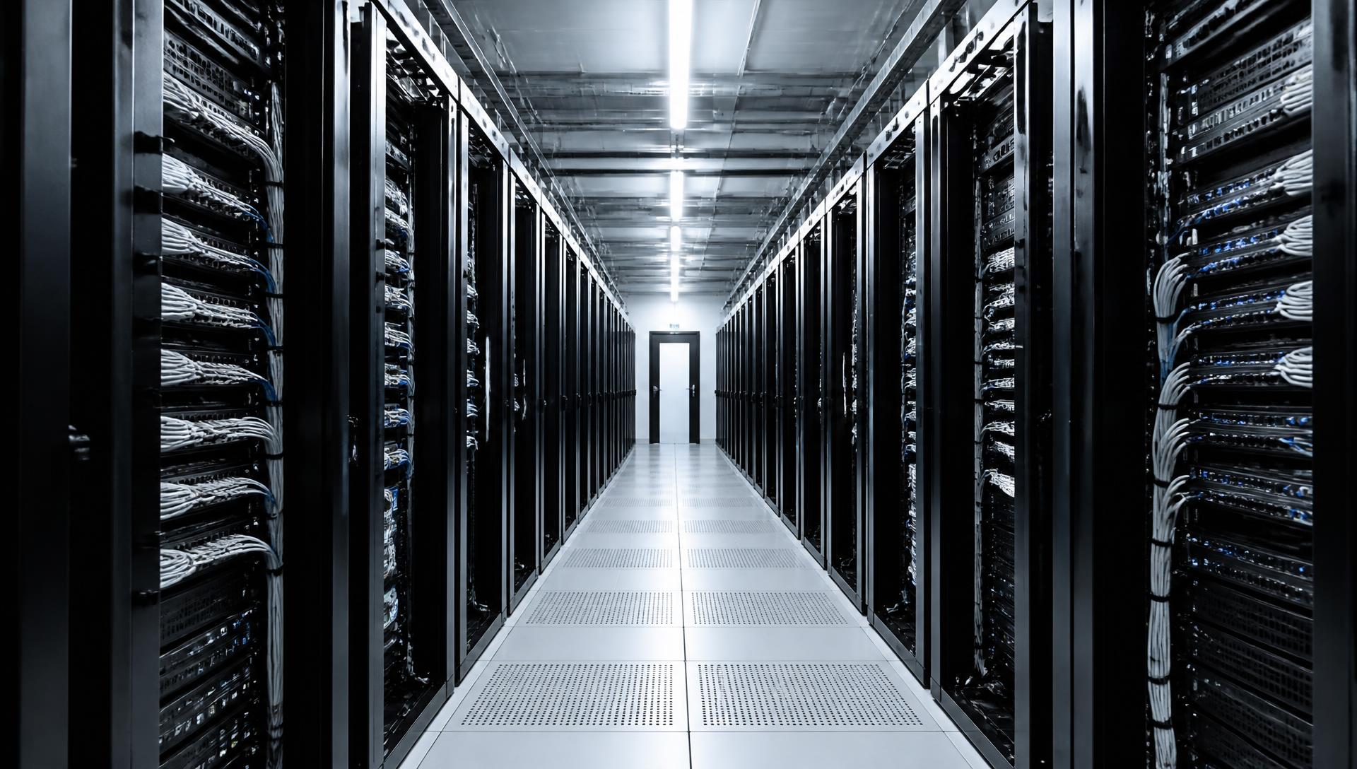 Symmetrical view down a data centre aisle lined with server cabinets and structured cabling