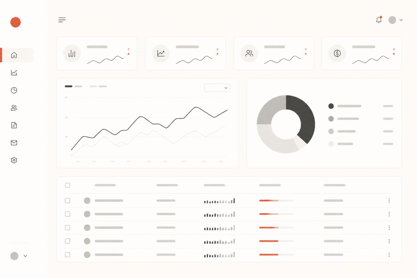 Monochrome web application dashboard mockup with navigation rail, charts, and a data table