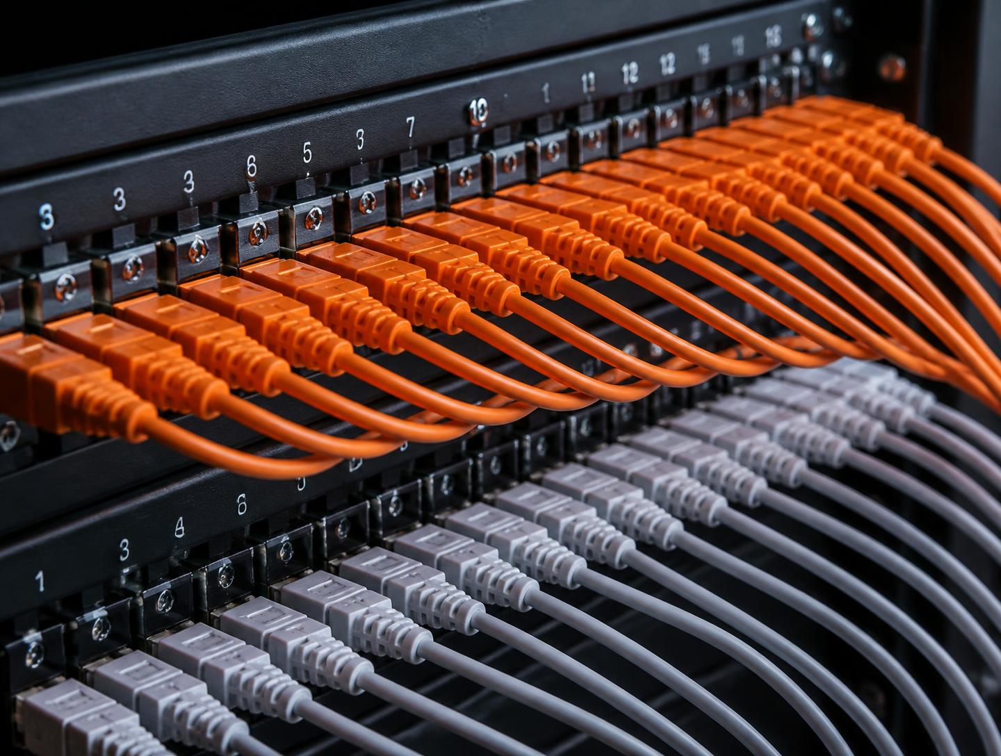 Numbered network patch panel with orange and grey cables routed in strict order