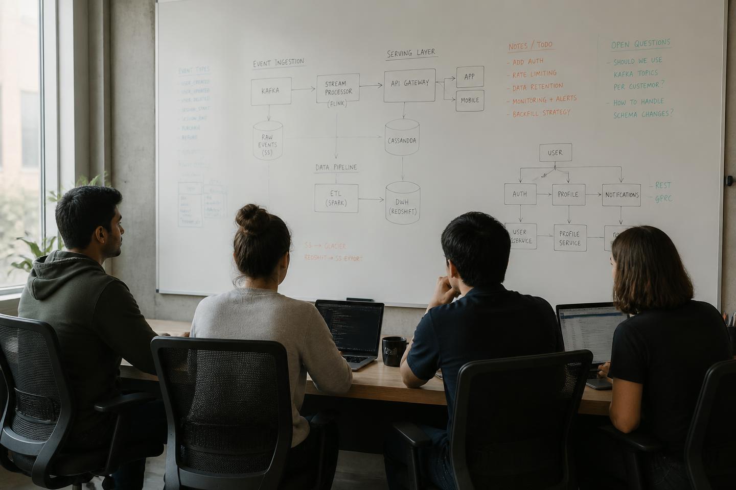 Engineers reviewing an ingestion and service architecture drawn across a large office whiteboard